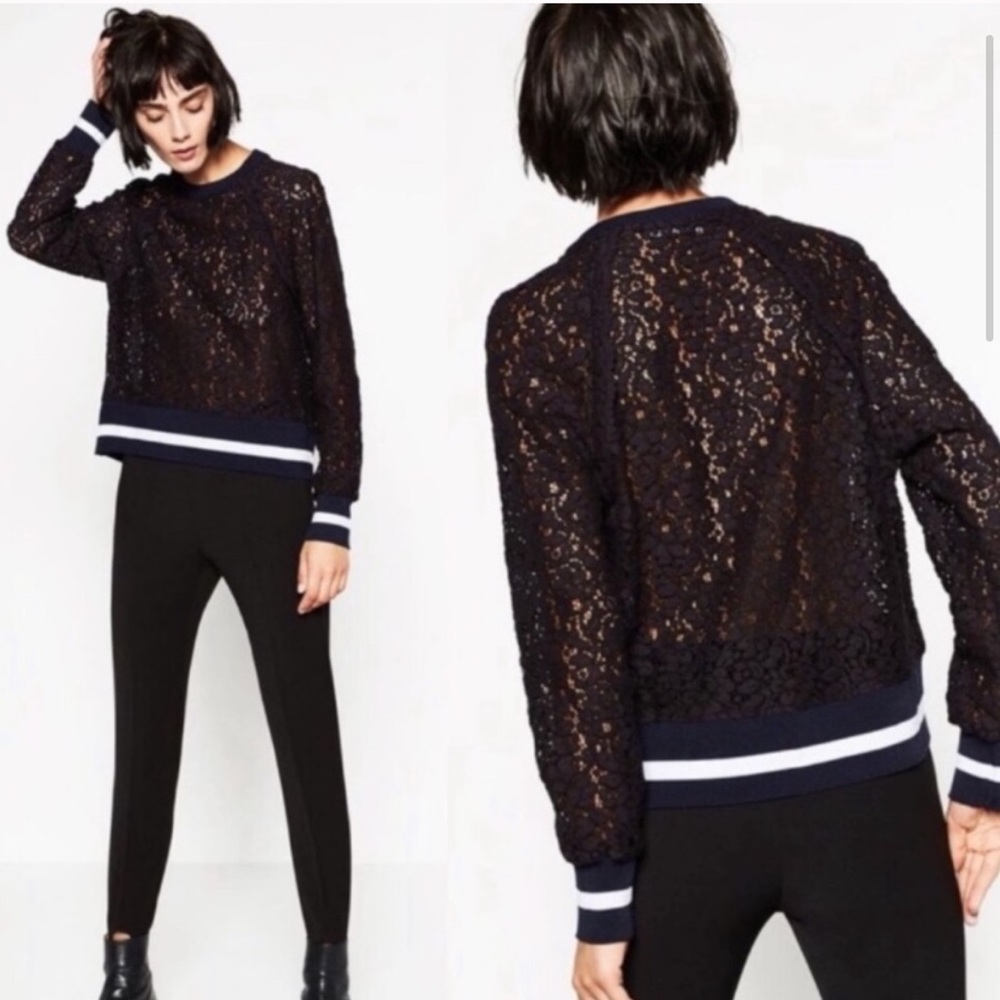 Zara black lace sweatshirt w/ striped elastic trim